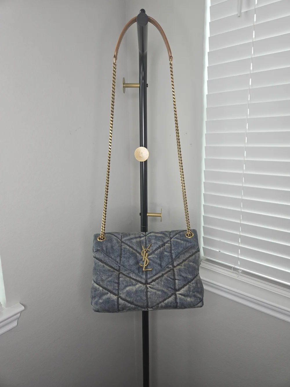 Saint Laurent Quilted Denim Shoulder Bag with Gold Chain and Tan Leather Pad - Picture 3 of 9